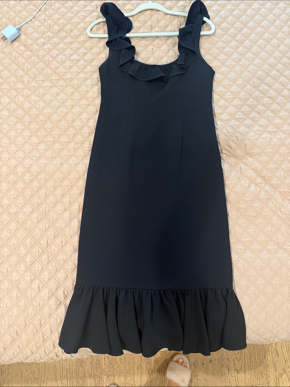 cinq a sept Black Ruffle-Trim Midi Dress with Sleeveless Neckline